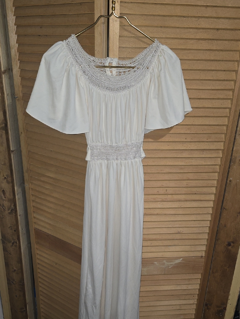 Beautiful Vintage Smocked Waist Off White Maxi Dress - Size 13/14